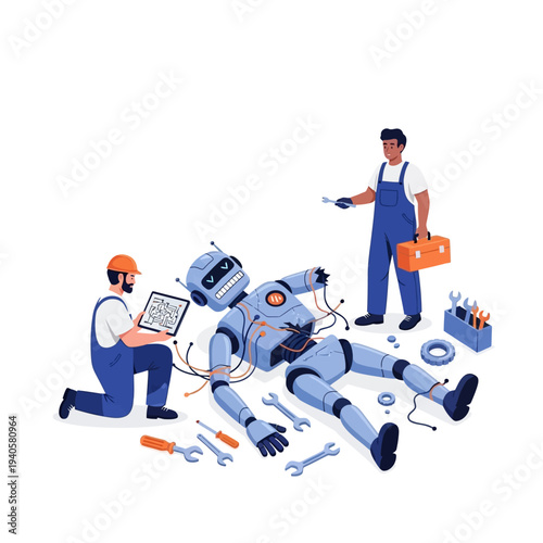 Robotic repair: technicians fix a large robot lying on the floor with tools and tablet