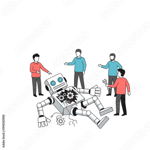 Team of engineers fixing a broken robot, teamwork, repair, technology concept