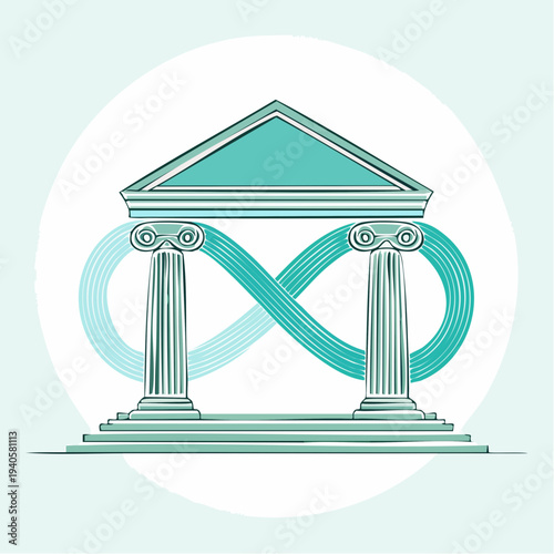 Stylized graphic combining classical architectural pillars with an infinity symbol, depicting perpetual foundation and enduring principles