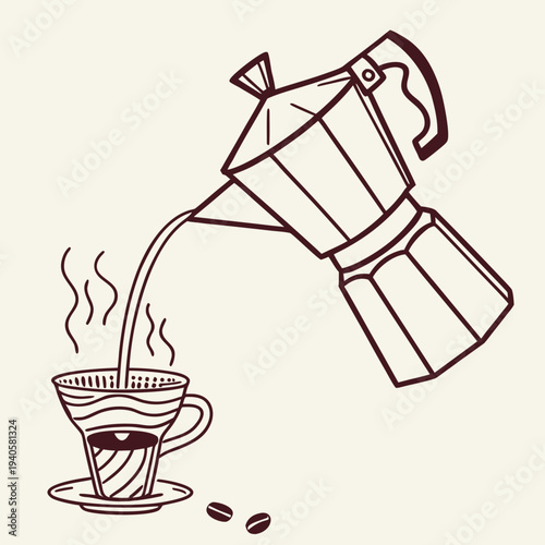 Detailed illustration of coffee pouring from a vintage moka pot into a decorative cup with beans nearby