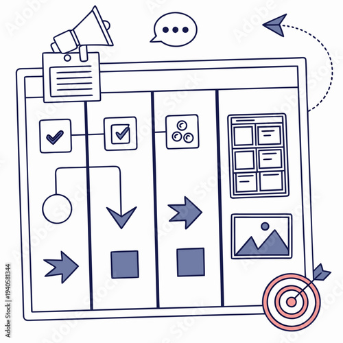 Business strategy board illustration with planning steps, goals, and marketing icons for project management
