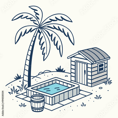 Tropical getaway with a palm tree, hot tub, and changing room, offering relaxation and private retreat