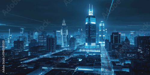 
A stunning evening view of the New York City skyline featuring illuminated skyscrapers and urban traffic lights along a busy downtown highway