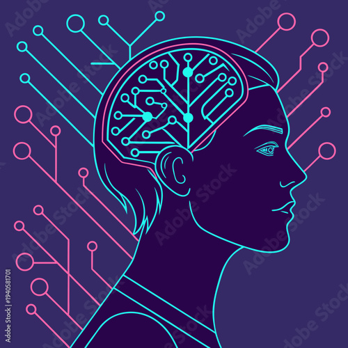 Abstract digital art of a human head profile with circuit board patterns representing AI and technology