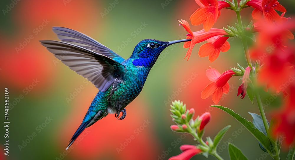 Fototapeta premium Vibrant hummingbird sipping nectar from red flowers