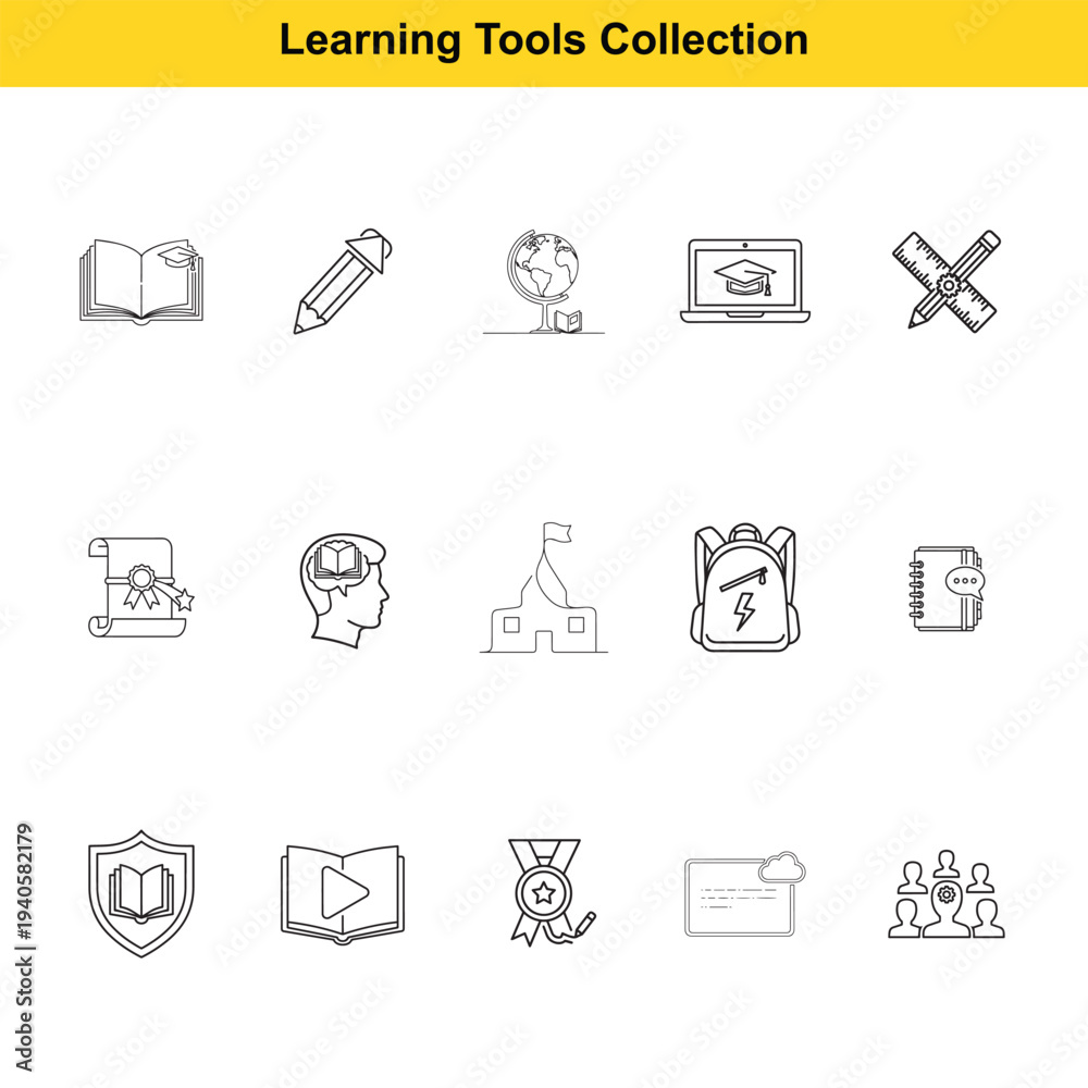 Fototapeta premium A comprehensive collection of educational iconography featuring open books, pencils, globes, diplomas, achievement medals, and student backpacks symbolizing academic learning and study tools.