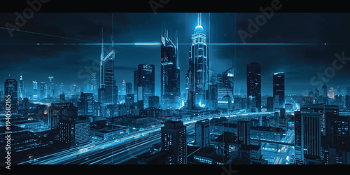Abstract technology background featuring a blue vector illustration of an urban city skyline with night light silhouettes of downtown business buildings and skyscraper architecture