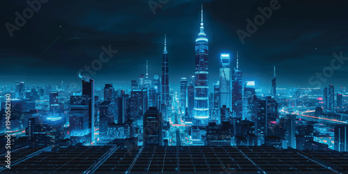 A vibrant New York City night skyline reflects industrial energy as lights from a power plant and refinery towers illuminate the river alongside building silhouettes and chemical factory chimneys