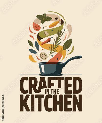 Crafted in the Kitchen vector illustration with cooking pot, fresh vegetables, herbs, and spices for food blogs, restaurant menus, and culinary branding