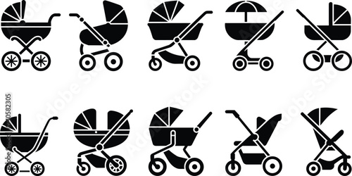 Baby stroller icon set collection pram pushchair carriage silhouette vector symbols for parenting childcare newborn transport minimalist black design bundle