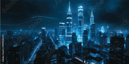 The glowing lights of the urban Manhattan skyline illuminate the iconic New York City skyscrapers and downtown office towers during a stunning evening view of the city landmark