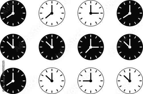 Analog clock icons collection, time measurement symbols set, wall clock face illustration, schedule timing concept vector design