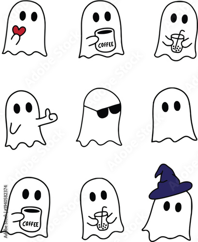 Set of 9 cute ghost icons vector, Halloween characters