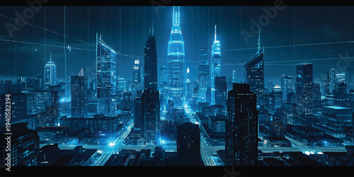 An abstract New York City skyline at night featuring a modern urban skyscraper silhouette and artistic cityscape design for a creative business architecture concept