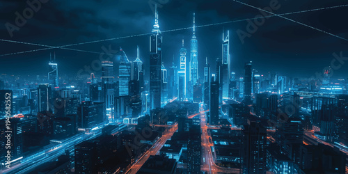 An abstract blue background with sleek lines captures an aerial night view of a glowing Bangkok city skyline and modern urban skyscraper architecture