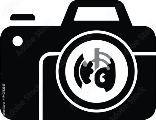 Camera with globe lens icon, global photography concept illustration, travel photo symbol, international media communication design element