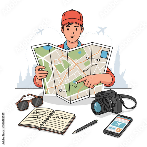A young man in a cap planning a trip, looking at a map with travel essentials like a camera, sunglasses, and a smartphone on the table.