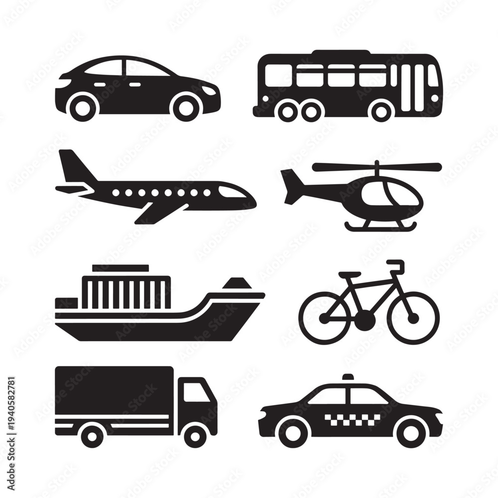 Naklejka premium Black silhouette icons depicting various modes of transportation