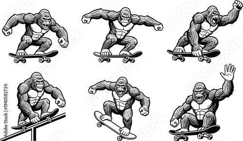 Black and white cartoon illustration of muscular gorilla performing dynamic skateboarding tricks and poses, humorous urban sport artwork combining wild animal strength with playful motion design