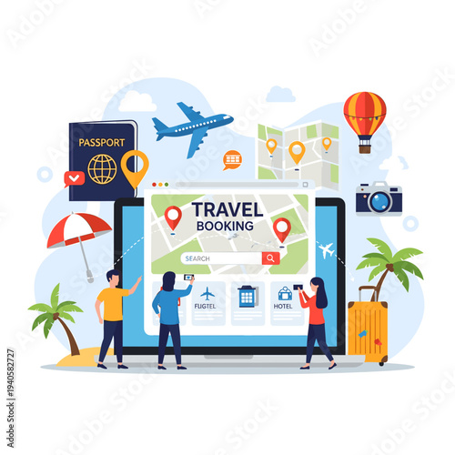 People booking travel online with various vacation elements surrounding a digital tablet.