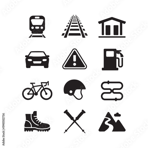 Black icons representing various modes of transportation and travel elements