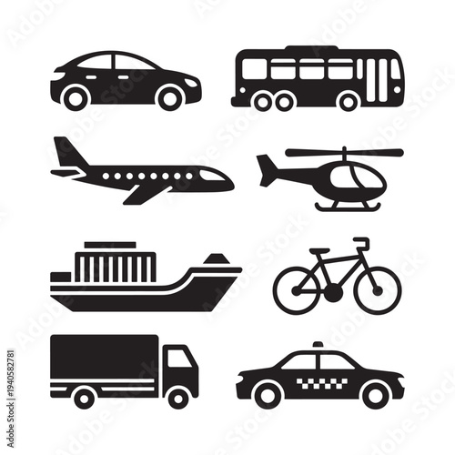 Black silhouette icons depicting various modes of transportation
