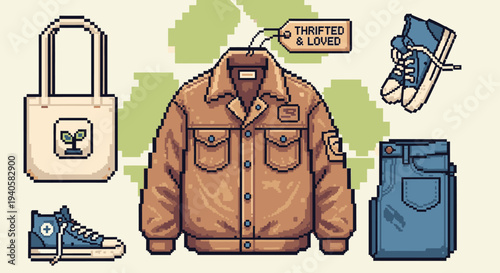 Pixel art illustration of thrifted clothing items, tote bag, and sneakers with recycling symbol background