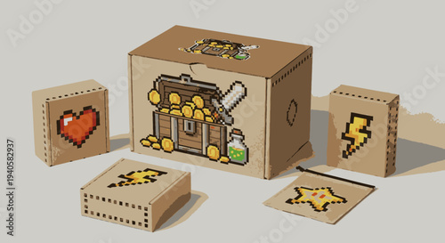Pixel art treasure chest and game icons on cardboard boxes, representing rewards, loot, and gaming concepts.