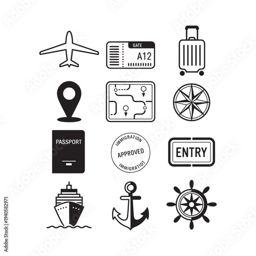 Travel icons depicting aviation navigation and border crossing elements