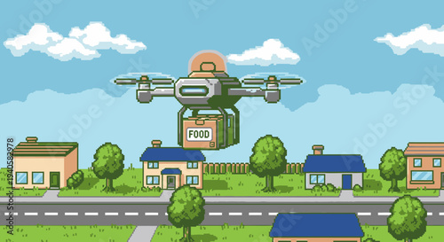 Pixel art drone delivering food package over suburban houses, futuristic delivery concept