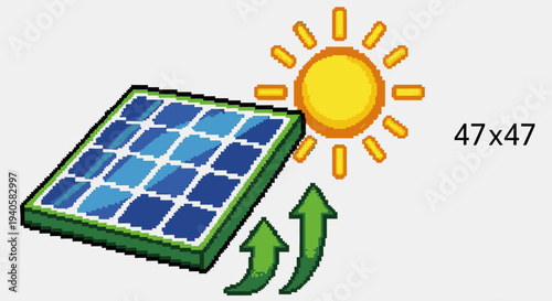 Solar panel with sun and green arrows indicating energy production and growth, clean energy concept illustration