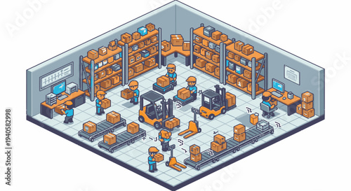 Isometric pixel art illustration of a busy warehouse interior, depicting workers, forklifts, and conveyor belts managing logistics, inventory, and shipping operations.