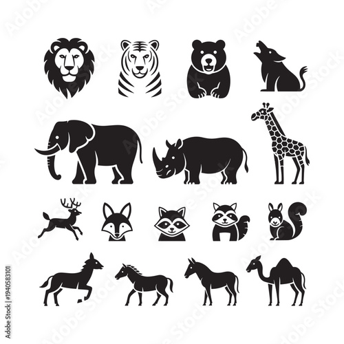 Black silhouettes of various wild animals including mammals and herbivores