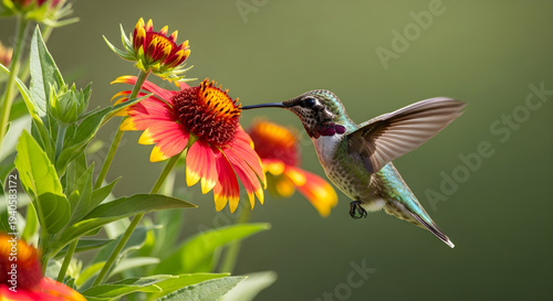 Hummingbird feeding on vibrant orange and red flowers in garden