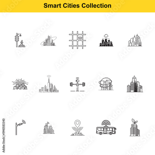 A set of thin line icons illustrating concepts related to smart city infrastructure including traffic signals, networked buildings, wireless connectivity on transport, and sustainable urban planning.