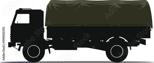 Military cargo truck silhouette, army transport vehicle with covered cargo bed, logistics supply transport concept, tactical military vehicle illustration