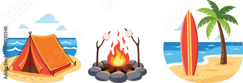 Vector beach activity illustration featuring camping tent, bonfire with marshmallows, surfboard, palm tree, and ocean vacation scenery
