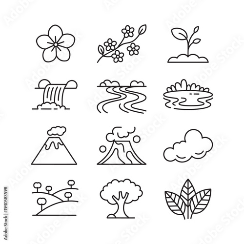 Minimalist line art depicting japanese nature elements and landscape icons