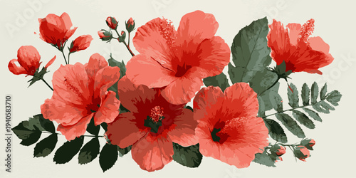 Vibrant tropical hibiscus flowers and exotic green leaves watercolor illustration set