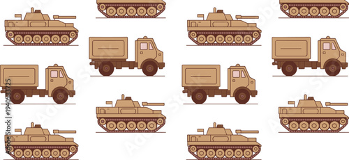 Military tanks and cargo trucks pattern set, army combat vehicles illustration, armored transport equipment, defense forces vehicle collection