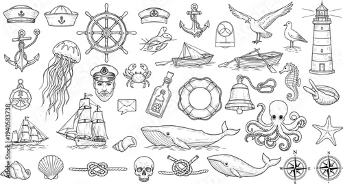 Detailed nautical vector illustration featuring anchors, ships, lighthouse, marine animals, sailor elements, and ocean themed hand‑drawn maritime icons.