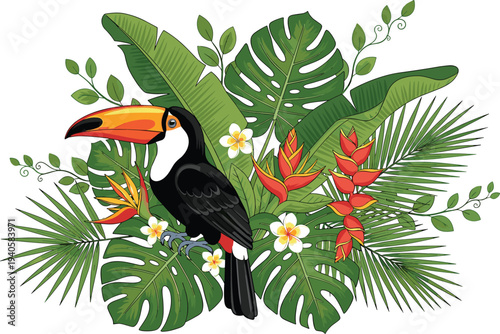 Toucan bird with tropical leaves and exotic flowers, jungle wildlife vector illustration, colorful rainforest foliage composition isolated design