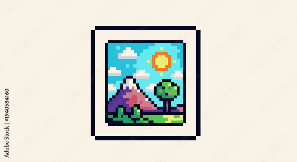 Fototapeta premium Charming pixel art landscape illustration featuring a vibrant mountain, lush green tree, and bright sun under a blue sky with fluffy clouds, framed as a digital image icon.