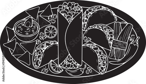 Mexican food platter vector silhouette illustration line art tacos burrito nachos design