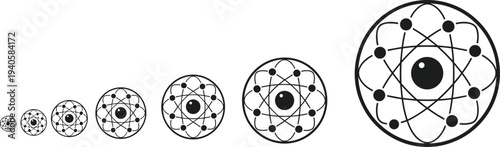 Atomic structure icon evolution set showing atom symbol growth minimal science vector illustration for physics education technology concept