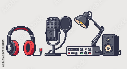 Professional audio recording studio equipment illustration featuring headphones, microphone, mixer, speaker, and lamp for podcasting and music production.
