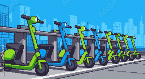 Pixel art illustration of a row of vibrant green and blue electric scooters parked on a city street, symbolizing urban micro-mobility and eco-friendly transportation.