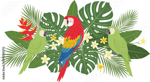 Tropical parrots with jungle leaves and flowers, exotic macaw birds illustration, colorful rainforest wildlife composition, decorative botanical vector design