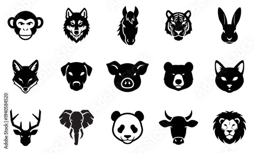 Set of black animal face icons including monkey and lion