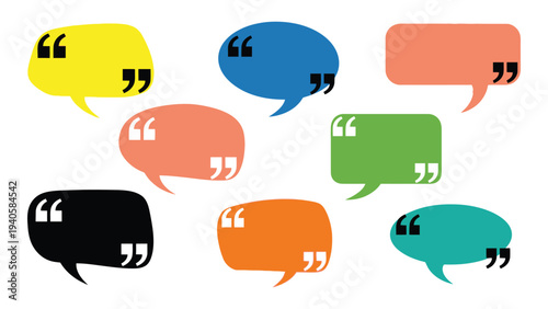 A group of colorful speech bubbles with quotation marks